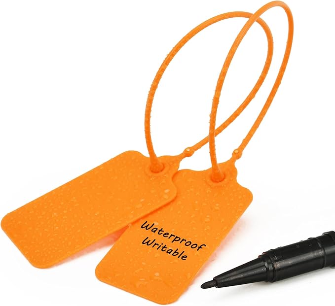 100pcs Luggage Tags Plastic Seals Shipping Label Logistics Sign Tie Bag Tag, Sealing Storage Multi Purpose Name ID Tag with Marker for Suitcases, Backpack, Schoolbag, Car Key (Orange)