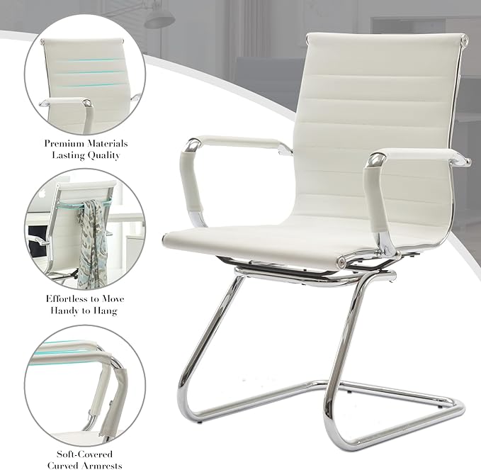 CIMOTA Waiting Room Chairs Leather Office Guest Chair Mid Back Reception Chairs with Sled Base for Meeting/Patient/Conference Room, White Set of 4