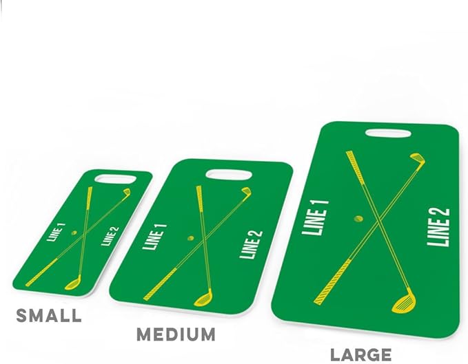 ChalkTalkSPORTS Golf Luggage & Bag Tag | Personalized Crossed Golf Clubs | Standard Lines on Back | Large | Green/Yellow