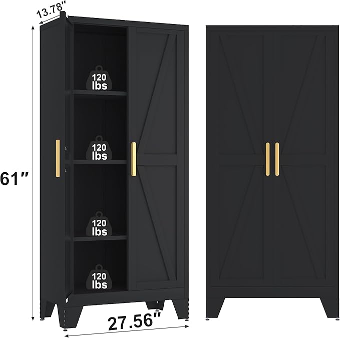 61H Metal Storage Cabinet with 2 Doors and Adjustable Shelves,Farmhouse Storage Cabinet with Barn Doors,Pantry Storage for Home,Office,Bathroom,Dining Room,Kitchen(Black)