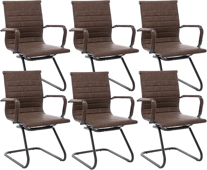 CIMOTA Waiting Room Chairs Set of 6 Leather Office Guest Chair Mid Back Reception Chairs with Sled Base for Meeting/Patient/Conference Room, Retro Brown, 6PCS