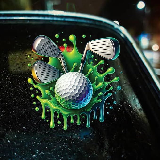 Golf Ball and Clubs Decal – 7x6,8in Vinyl Sticker with Dripping Paint Effect – Sports Design for Car Window, Laptop, Wall – Waterproof & Removable