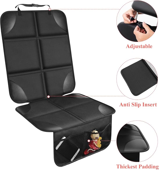 Car Seat Protector, Thick Padding Seat Protector Under Baby Car Seat, 600D Waterproof Non-Slip Fabric Seat Cover for Child and Pet with Pockets (Black 1 pcs)