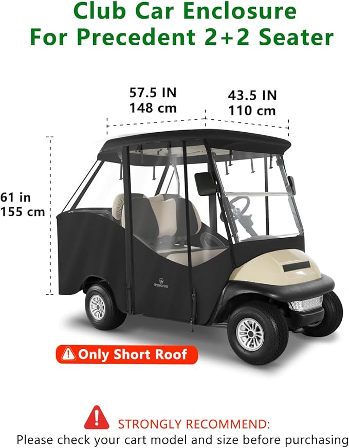 Golf Cart Enclosure 4 Passenger Short Roof 58” for Club Car Precedent Tempo 2+2 Seater,600D Clear Rain Cover Driving Enclosure,Roll Up 4 Sided Transparent Windows&Door,Side Mirrors Zipper Openings