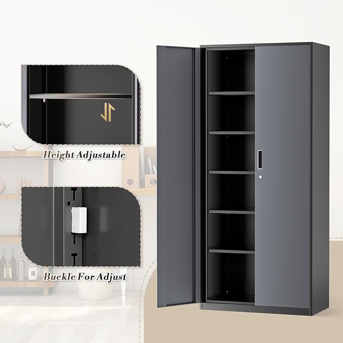 Athena Collection 71" Tall Metal Storage Cabinet with 2 Doors and 6 Ajustable Shelves, Garage Storage Cabinet for Files, Tools, Home Offcie, School, Garage, Pantry, Grey Black