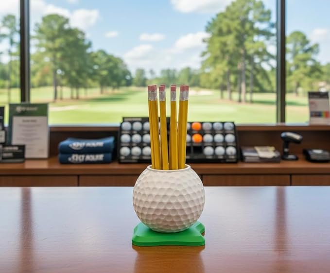 Golf Ball Pen Holder Desk Organizer, White with Green Base – Golf Gift for Office, Home, Golf Lovers.