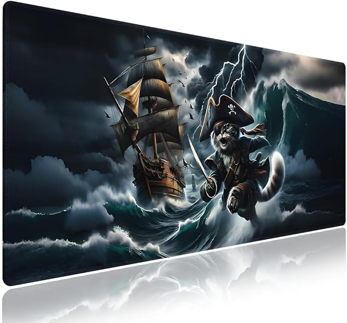 Wknoon. Extra Large Gaming Mouse Pad (31.5" x 11.8") with Durable Stitched Edges – Cute Pirate Kitty in The Stormy Ocean Waves Funny Cat Adventure Ship Sailing, Anti-Slip Base Extended XXL Desk Mat