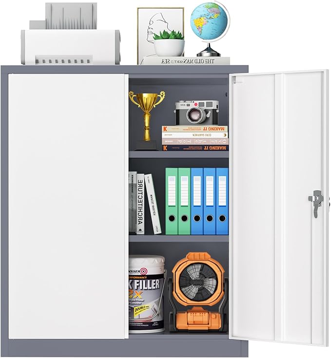 Pataku Metal Storage Cabinet, Garage Cabinet with Doors and Shelves 36" Hx32 Wx16 D, Steel Lockable File Cabinets for Office, Home, Garage, Basement, Industrial, White Grey