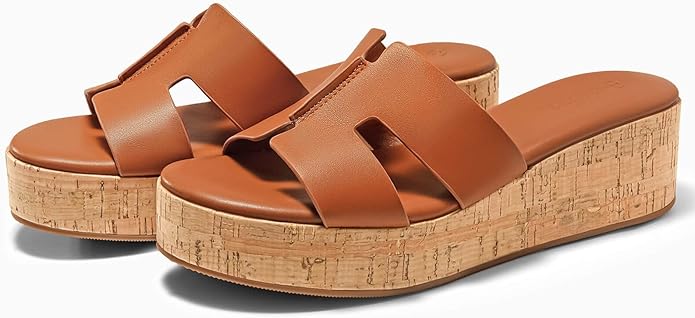 Coutgo Womens Platform Wedge Sandals Open Toe Slip On Slides Cork Heeled Comfortable Shoes