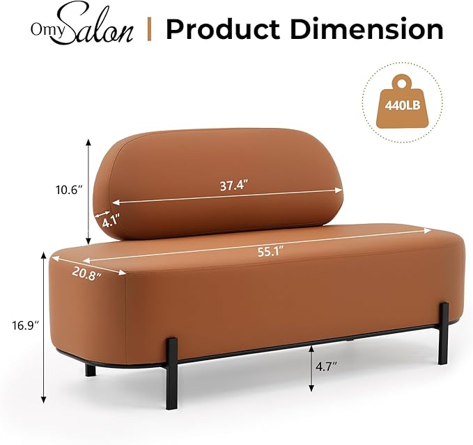 OmySalon Waiting Room Bench with Back, 55.1" Office Guest Chair, Faux Leather Upholstered Reception Seating, Lobby Bench for Beauty Salon Barbershop Airport Bank Hall Room Conference