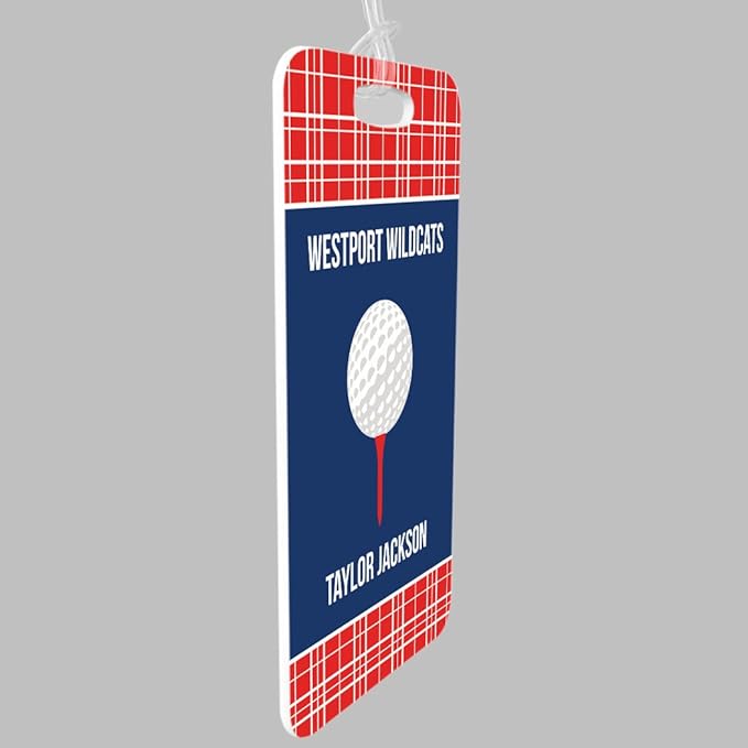 ChalkTalkSPORTS Golf Luggage & Bag Tag | Personalized Team with Golf Ball | Standard Lines on Back | Medium | RED/Navy