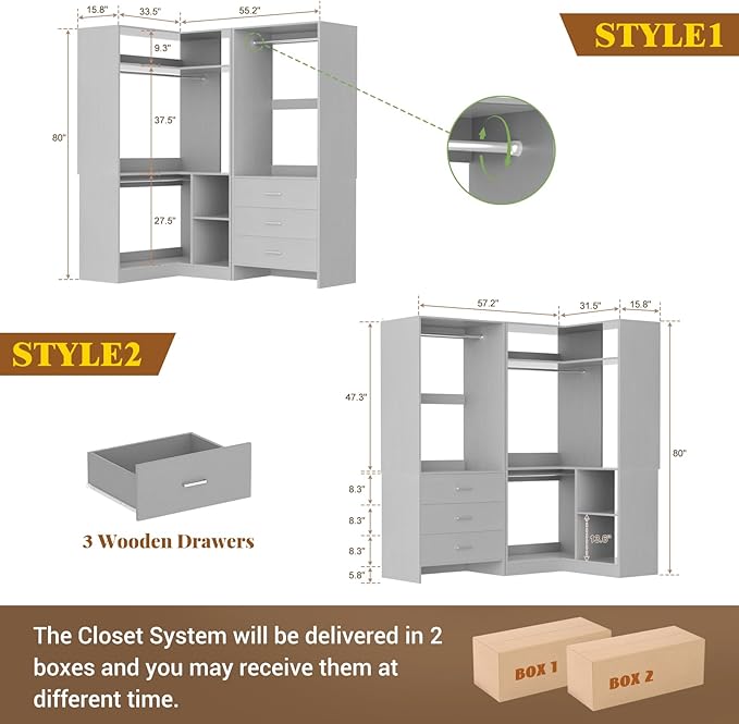 Aheaplus Closet System with 3 Drawers, 2 Hanging Rods & Corner Tower, Corner Closet System with Hanging, L-Shaped Walk-In Wardrobe Organizer, 1300+ lbs Capacity, Set of 2, Grey