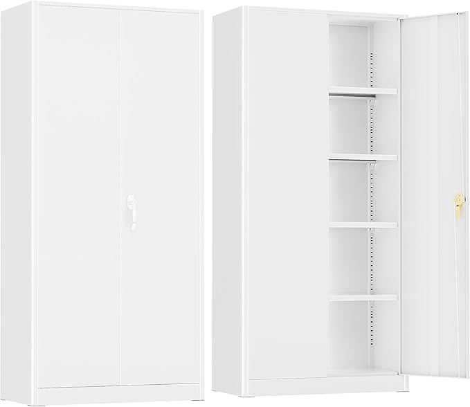 SUNCROWN 72" Metal Storage Cabinet - Heavy-Duty Metal Garage Cabinet with 4 Adjustable Shelves & 2 Doors for Tools, Office, Home, Workshop,White