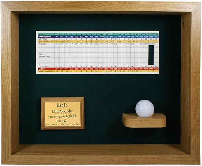Golf Eagle, Double Eagle or Albatross Shadowbox Display Case | Personalized Engraved Plate | Holds Golf Ball and Scorecard or Photo | Horizontal Layout | Wall Mounted (Oak)