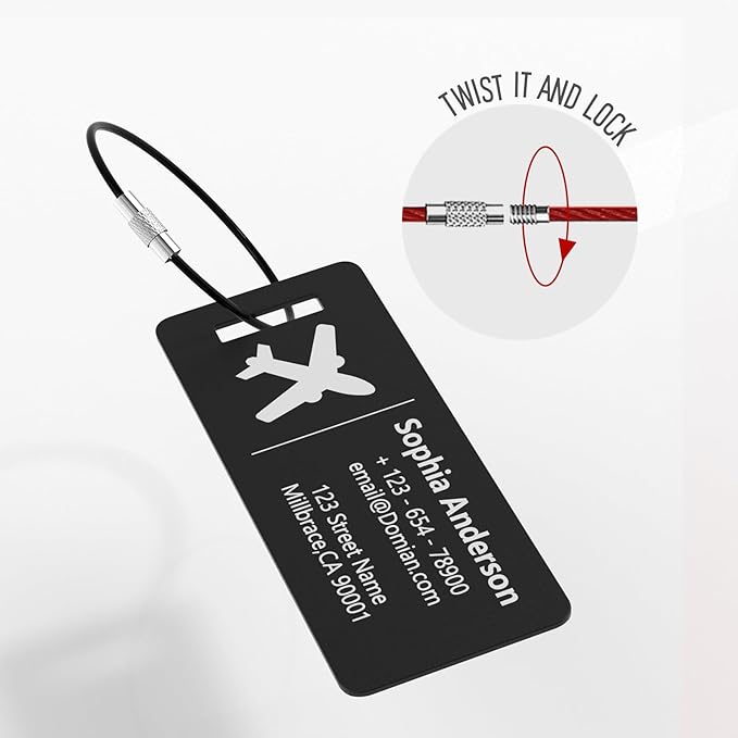 4 Pack Personalized Luggage Tags, Custom Engraved Aluminum Luggage Tags with Your Personalized Text, Waterproof Metal Name Tags with Steel Loop for Bags, Suitcase, Baggage, Backpack (Black, Small)