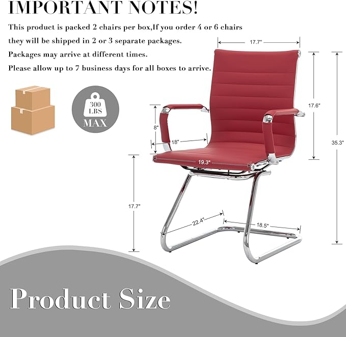 CIMOTA Waiting Room Chairs Leather Office Guest Chair Mid Back Reception Chairs with Sled Base for Meeting/Patient/Conference Room, Red Set of 6