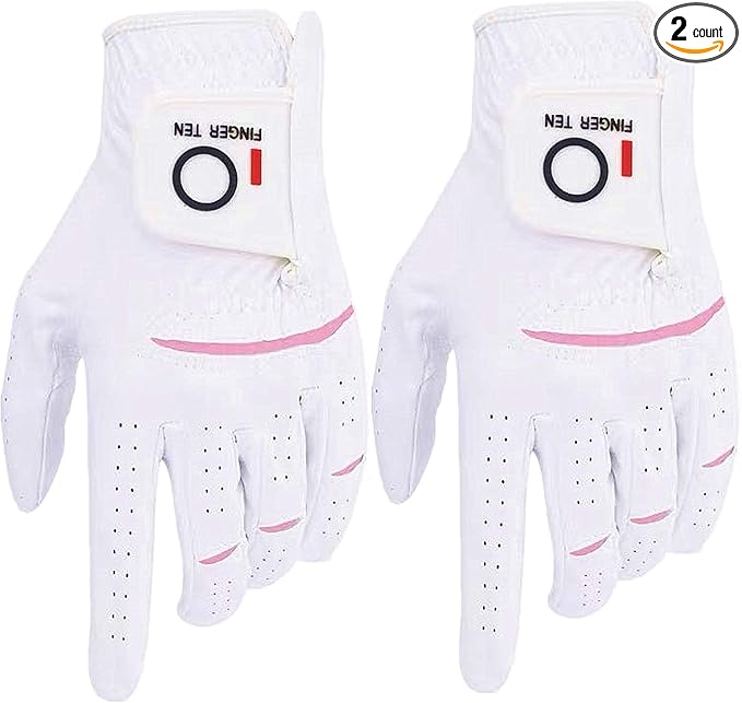 FINGER TEN Womens Ladies Golf Gloves Pair Both Hand or 2 Pack Left Right Hand, All Weather Grip & Comfortable Glove for Serious Performance, Stylish Pink White Fit S M L XL