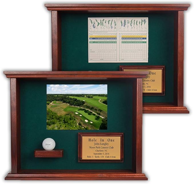Hole-In-One Ball Golf Shadowbox Display for Ball & Scorecard or Photo~Includes Custom Engraved Plate~Cherry Finish