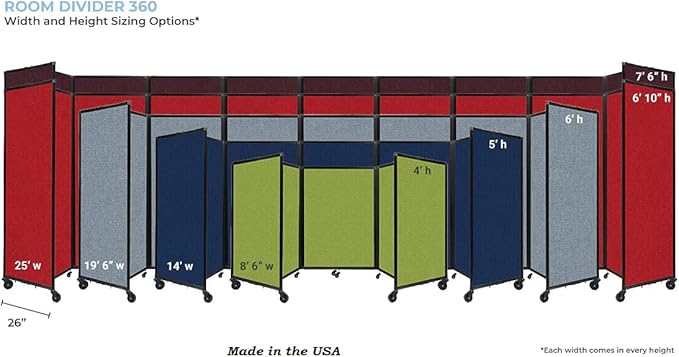 Versare Room Divider 360 Portable Wall Partition | Folding Panels | Large Freestanding Divider | Locking Wheels | Temporary Room Separator | 25' x 7'6'', Navy Blue