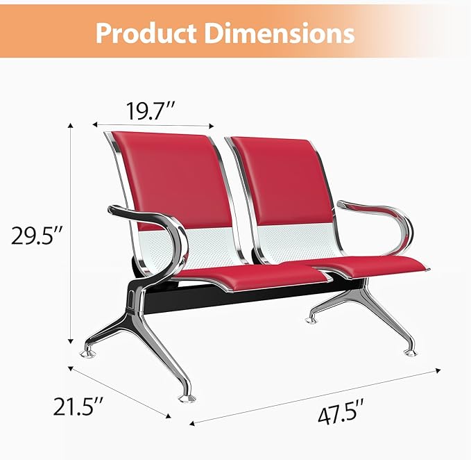 Kinfant 2-Seat PU Leather Waiting Room Bench – Red Reception Chair for Office, Hospital, Bank, Salon, Airport