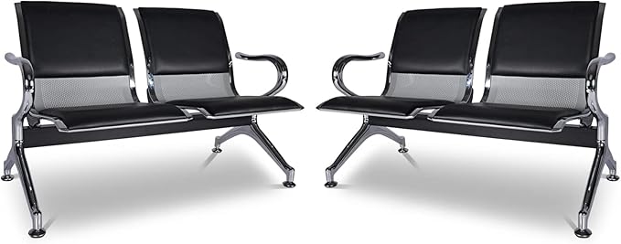 kinbor PU Leather Waiting Room Chairs - Airport Salon Office Waiting Area Reception Chairs Furniture Bench with Arms for Bank, Hospital, Barbershop, Black (Set of 2)