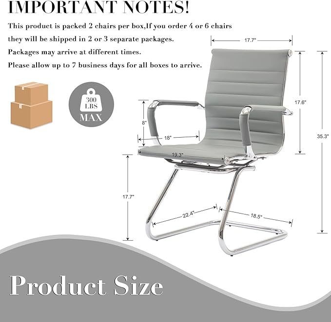 CIMOTA Waiting Room Chairs Leather Office Guest Chair Mid Back Reception Chairs with Sled Base for Meeting/Patient/Conference Room, Grey Set of 4