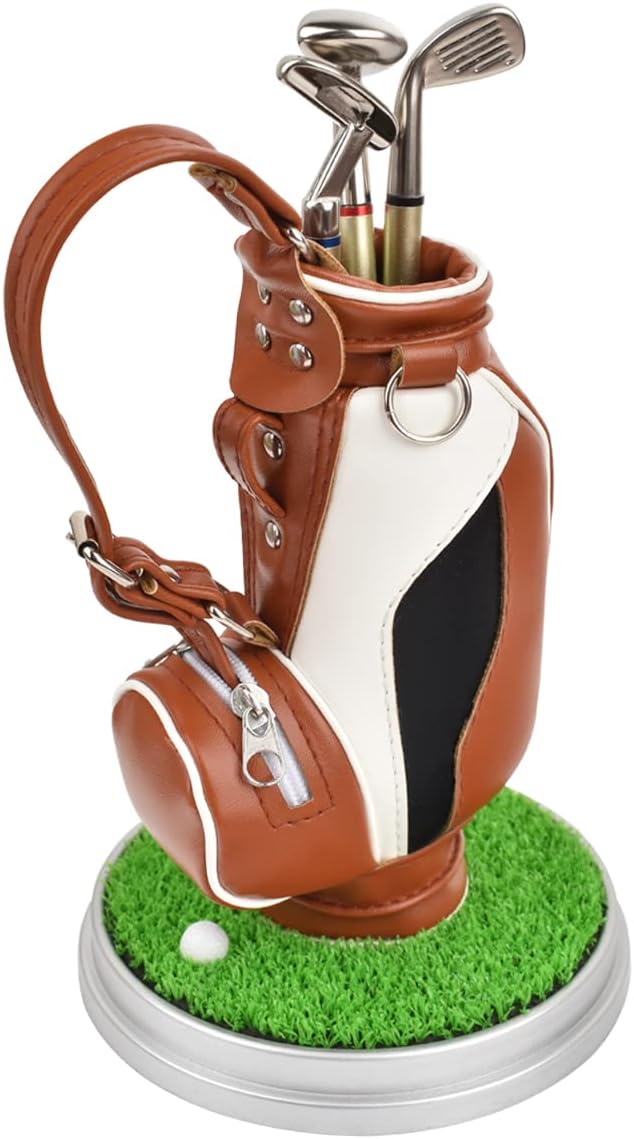 Leather golf pen holder with three golf club pen for writing, suitable for desk decoration, golf cake decoration, unique gift for men Boss Dad golfer colleagues, interesting and novel birthday gift