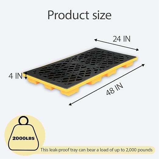 2 Drum Modular Platform Spill Containment Trays with Drain Outlet Forklift Pockets 48x24x4 Heavy Duty 2000lbs Capacity Stackable Leakproof Containment Tray for Garage, Workshop, Industrial Storage