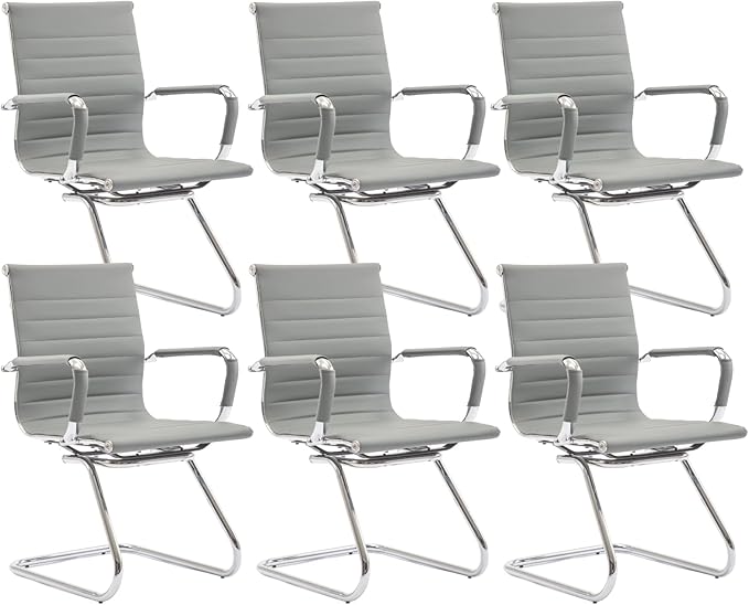 CIMOTA Waiting Room Chairs Set of 6 Leather Office Guest Chair Mid Back Reception Chairs with Sled Base for Meeting/Patient/Conference Room, Grey, 6PCS