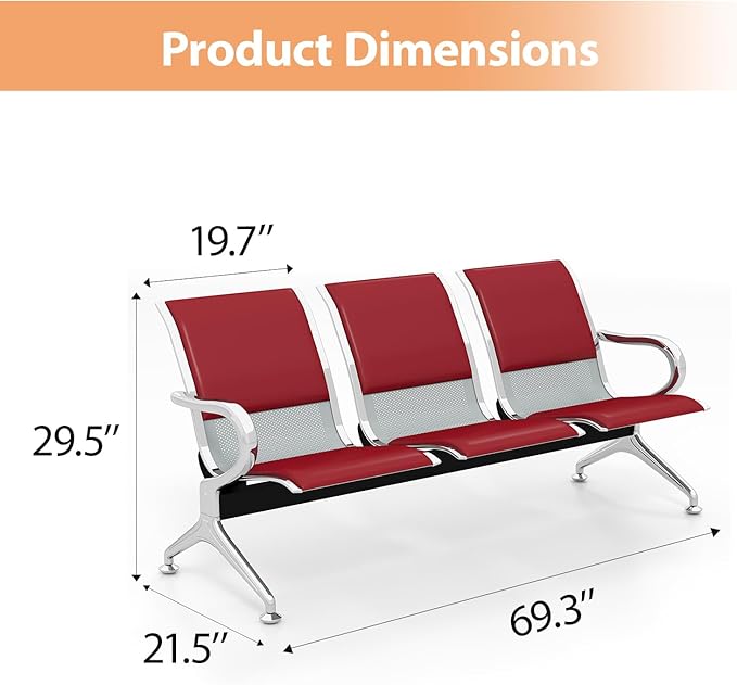 Kinfant 5-Seat Waiting Room Chairs with Arms – Heavy-Duty Steel Frame PU Leather Back & Cushioned Seat, Ergonomic Office Reception Guest Chair for Lobby, Clinic, Airport, Red