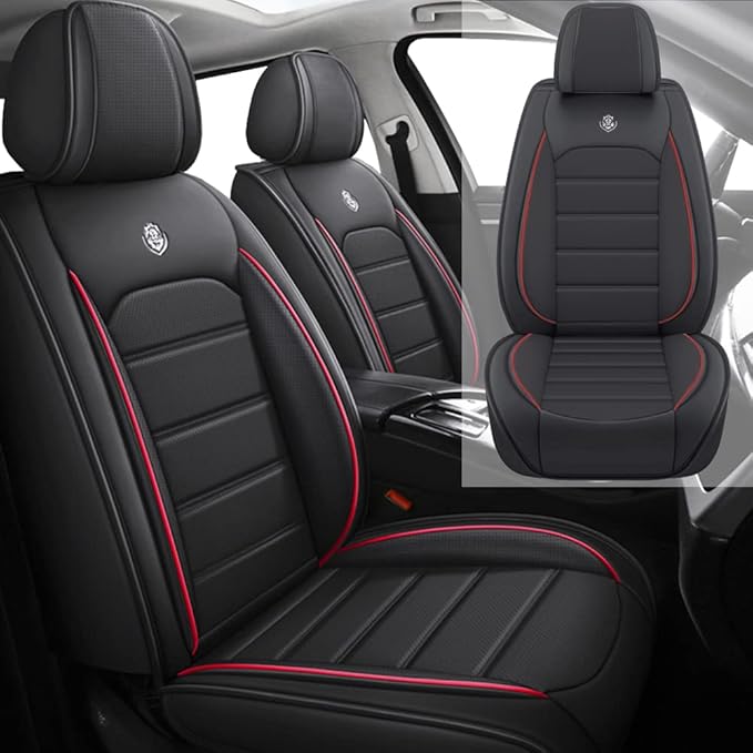 Leather Car Seat Covers for Volkswagen Golf SportWagen 2015-2019,Waterproof Soft Seat Covers,Interior Accessories Seat Covers Protector Airbag Compatible(2pcs Black&Red Standard)