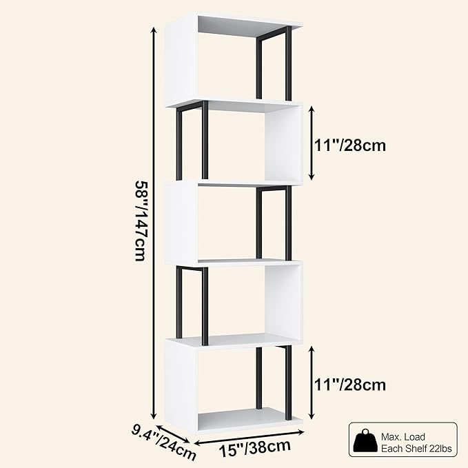 Yusong Bookshelf 5-Tier, Geometric Bookcase S Shaped Book Shelves for Bedroom, Modern Wood Decorative Display Shelf Book Case for Home Office, White and Black