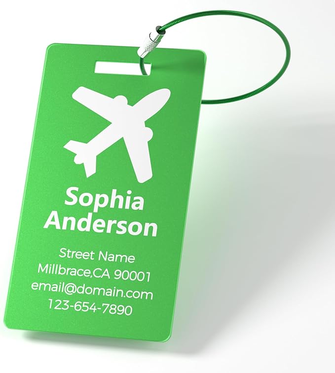 4 Personalized Metal Luggage Tags for Suitcase, Laser Engraved with Text and Logo, Custom Aluminum Name Tags with Stainless Steel Ring, for Travel, Golf Bag, and Baggage (Purple)