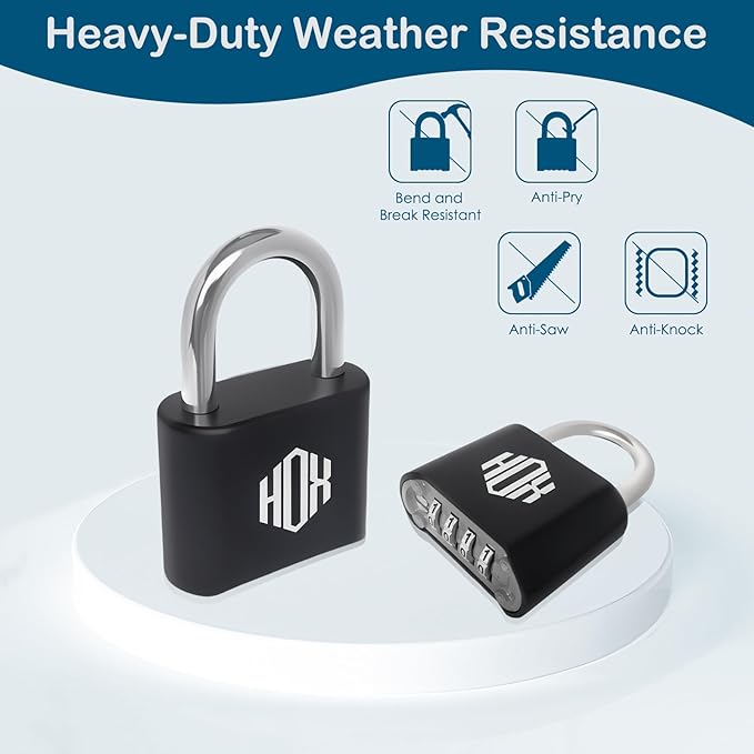 HOX 4 Digit Combination Lock Outdoor Padlock - Heavy Duty Locker Lock with Hardened Steel Shackle, Waterproof Combo Lock for Gym Locker, Hasp Storage, Shed, Fence (Black, 4 Pack)