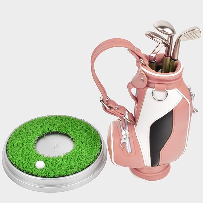 Leather golf pen holder with three golf club pen for writing, suitable for desk decoration, golf cake decoration, unique gift for men Boss Dad golfer colleagues, interesting and novel birthday gift