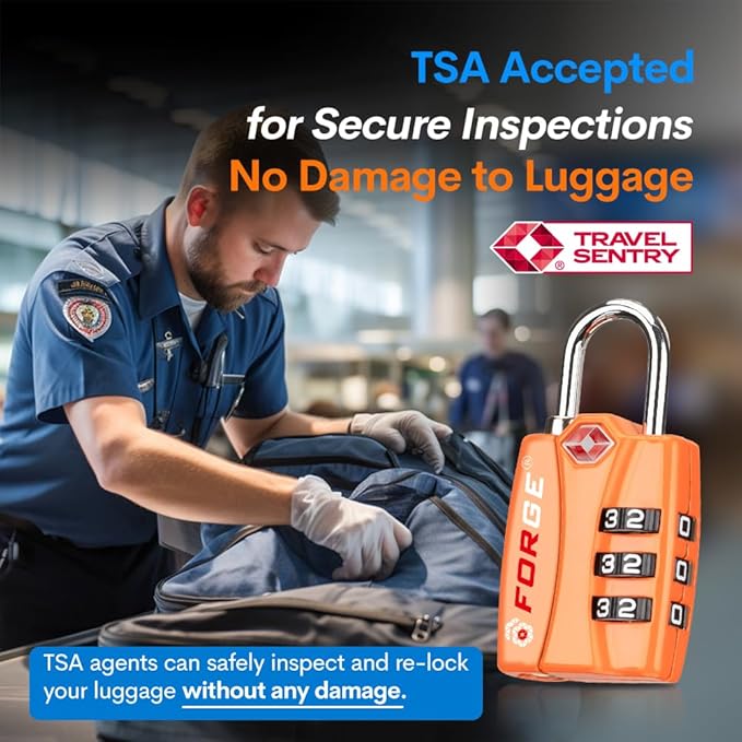 Forge TSA Luggage Combination Lock - Open Alert Indicator, Easy Read Dials, Alloy Body- Ideal for Travel, Lockers, Bags (Orange 2PK)