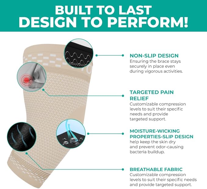 Modvel 2 Pack Elbow Brace - Golfer's Elbow Compression Sleeve Support for Joint Pain Relief, Recovery, Tendonitis Braces, Tennis Elbows Brace For Men & Women, Workout & Weightlifting Arm Wrap, Nude