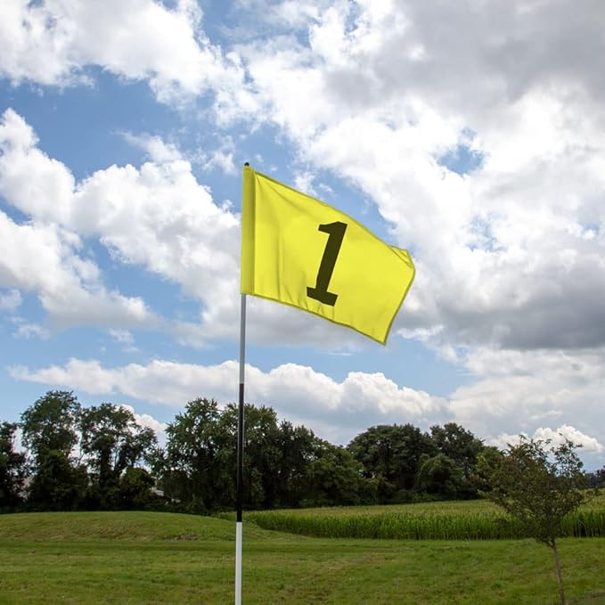 Vispronet Numbered Golf Flags for Putting Green – 20in x 14in Yellow & Black Flags Numbered 19, Golf Range Accessories for Courses, Outdoor Hole Flag, Durable Polyester Material