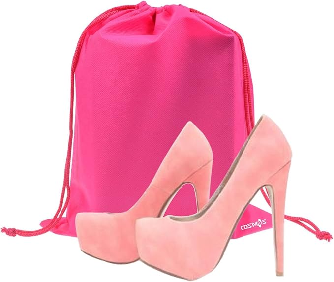 Cosmos 10 Pcs Travel Shoe Bags Shoe Organizer Pouch Storage String Bags for Travel Trip Carrying Packing, Dust-proof Non-Woven Fabric in Dual Drawstring Closure, Two Sizes (Black and Hot Pink)