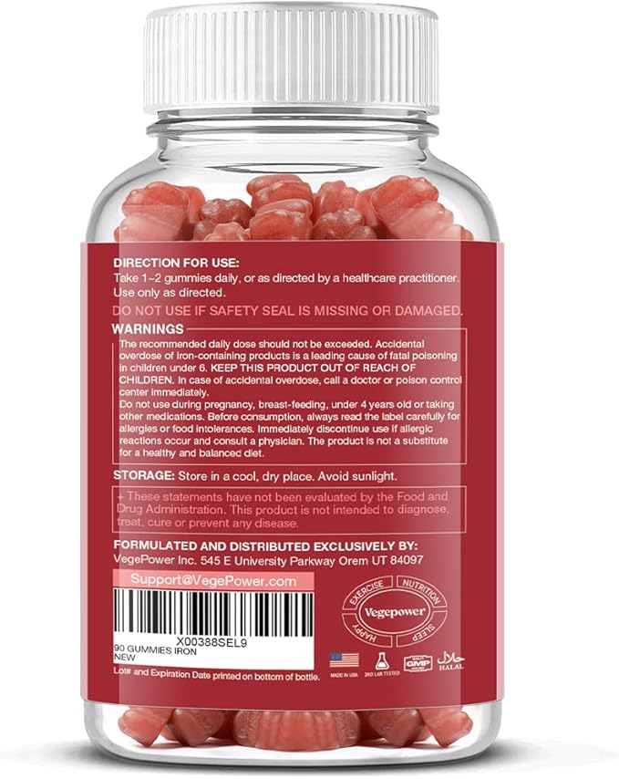 Iron Gummies Supplements for Women & Kids - Multivitamin with Iron for Blood Oxygen, Great Tasting Gummy Vitamins with Vitamin C for Max Absorption - Vegan Chewable, Peach Flavor(3 Packs)