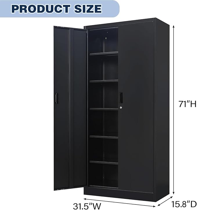 BESFUR Metal Storage Cabinet with 5 Adjustable Shelves and 2 Lockable Doors, 71" Black Garage Storage Cabinet, Locking Cabinet with for Office, School, Garage