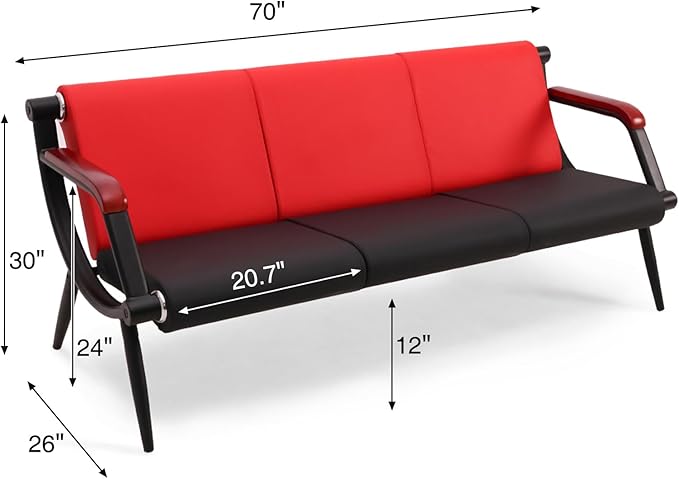 wonline Waiting Room Bench, Office Furniture Reception Chairs with Arms, Leather Chairs is Suitable for Clinic,Airport,Hospital,Barber,Salon,Bank-(Red&Black,3 Seat)