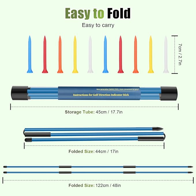 Golf Alignment Sticks 2 Pack, 48″Collapsible Practice Rods for Aiming/Putting, Golf Training Aid for Swing Trainer with Clear Tube Case, Foldable Training Rods with 10 Golf Tees
