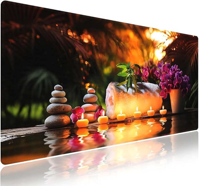 Wknoon. Extra Large Gaming & Office Mouse Pad (31.5" x 11.8") – Zen Zone Mindful Serenity Glowing Candles Orchid Whispers and Stone Harmony, Anti-Slip XXL Desk Mat with Durable Stitched Edges