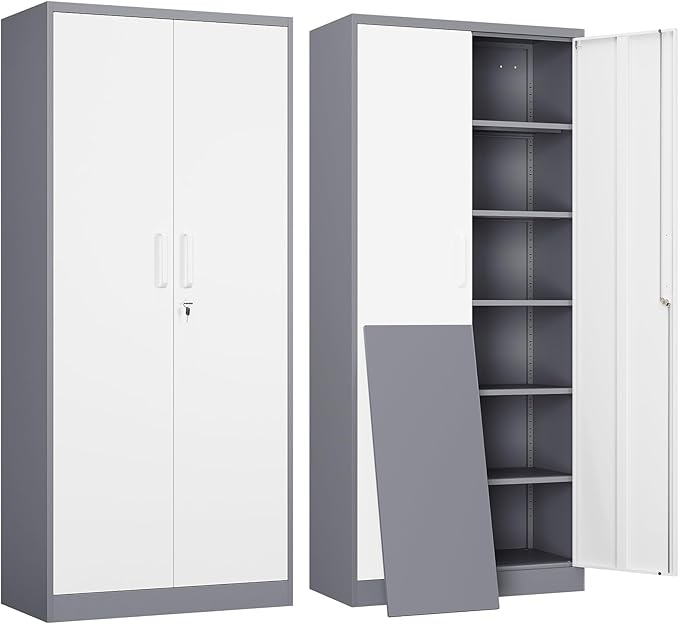 Yizosh Metal Garage Storage Cabinet with 2 Doors and 5 Adjustable Shelves - 71" Steel Lockable File Cabinet,Locking Tool Cabinets for Office,Home,Garage,Gym,School (Gray White)