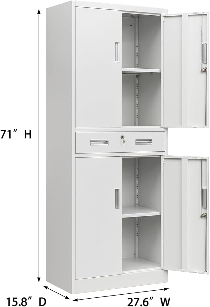 BESFUR 71" H Metal Storage Cabinet with 1 Lockable Drawer and 2 Lockable Doors, Garage Storage Cabinet with 2 Adjustable Shelves, Locking Cabinet for Garage, Office, School - White