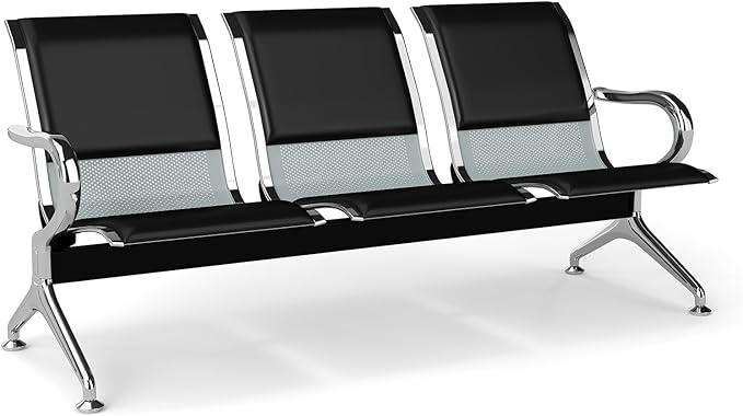 kinbor Waiting Room Chairs - Durable PU Leather Reception Bench with Armrests, 3-Seat Office Reception Guest Chairs for Office, Hospital, Airport, Bank & Lobby, Black