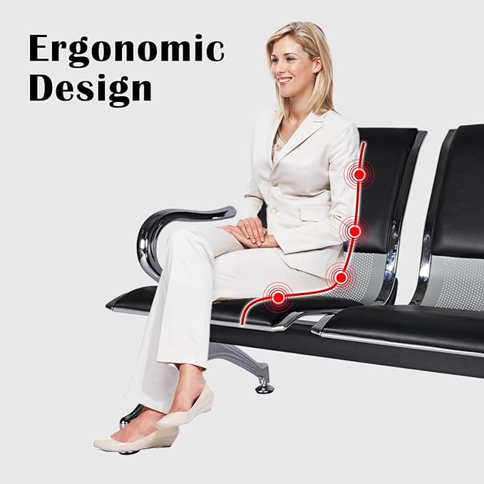 kinbor Waiting Room Chairs - Durable PU Leather Reception Bench with Armrests, 2-Seat Office Reception Guest Chairs for Office, Hospital, Airport, Bank & Lobby, Black