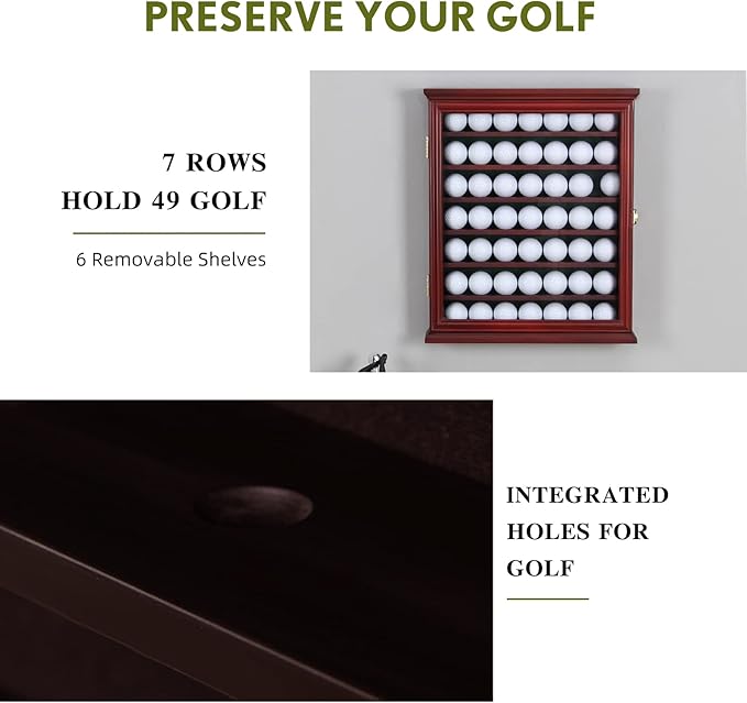 7-Shelf Golf Ball Display Case in Solid Pine Wood with UV Protection and Lockable Glass Door for Organizing and Showcasing Golf Memorabilia