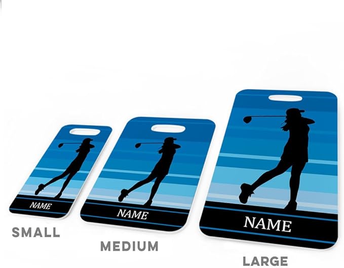 ChalkTalkSPORTS Golf Luggage & Bag Tag | Personalized Female Golfer | Standard Lines on Back | Large | Blue